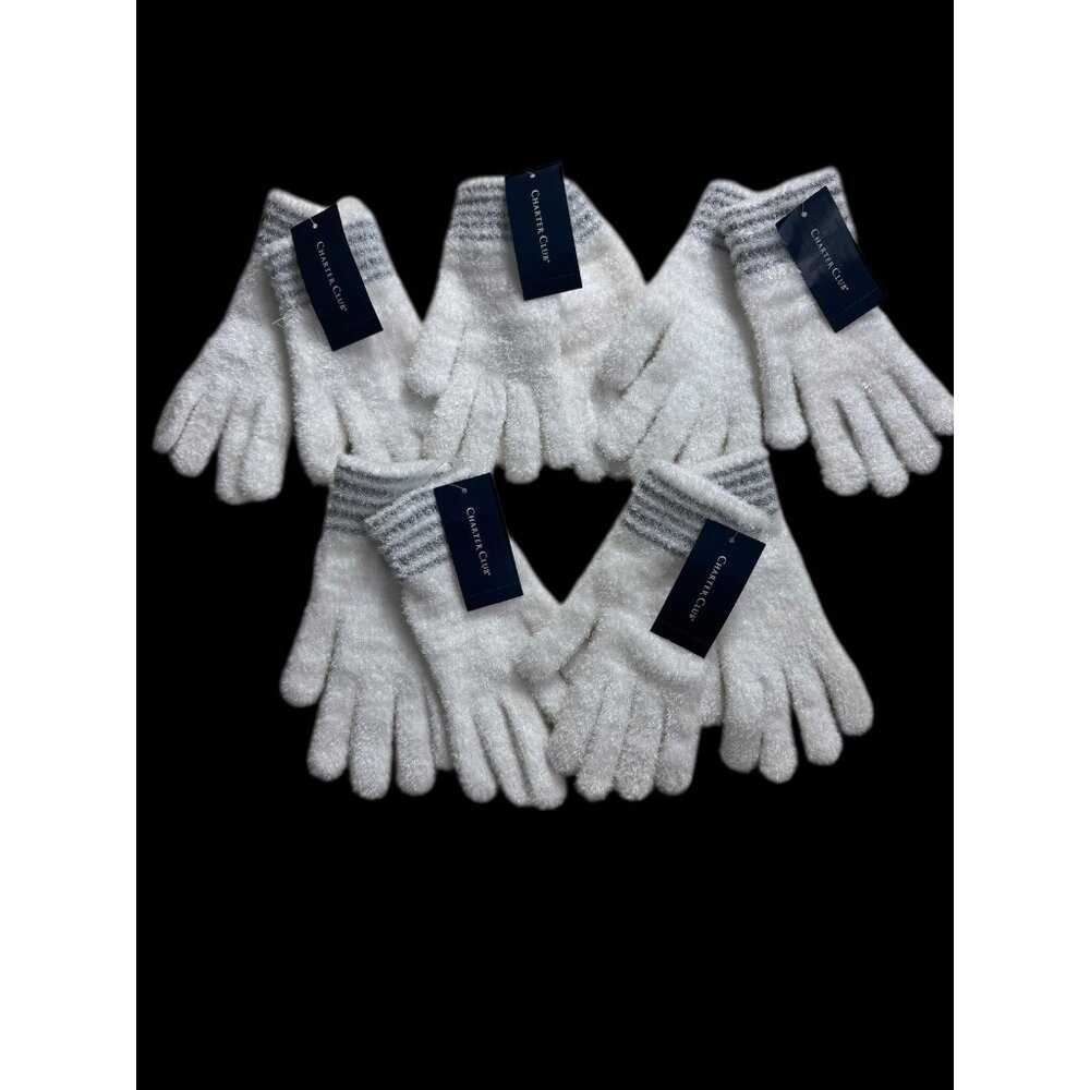 Lot Of 5 Charter Club striped-cuff chenille gloves in ivory, one size NWT‎